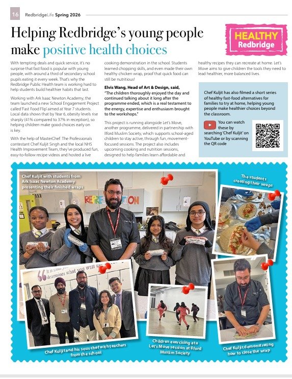 RedbridgeLife magazine Spring 2026 — page 16 feature on Chef Kuljit Singh and the Fast Food Flip programme with Redbridge Council